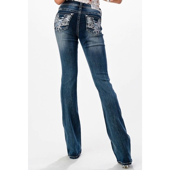 Grace in LA Women's Western Steer Cow Head Distressed Bootcut Stretch Jeans - Picture 3 of 7